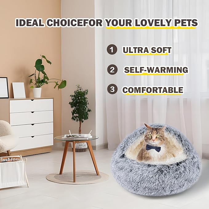 Cat Bed for Indoor Cats, Calming Cozy Cave with Self-Warming Plush, Entire Bed Machine Washable & Anti-Slip Base, Breathable Pet Bed for Small Cats&Dogs All Seasons (Grey, 22 * 22inch)