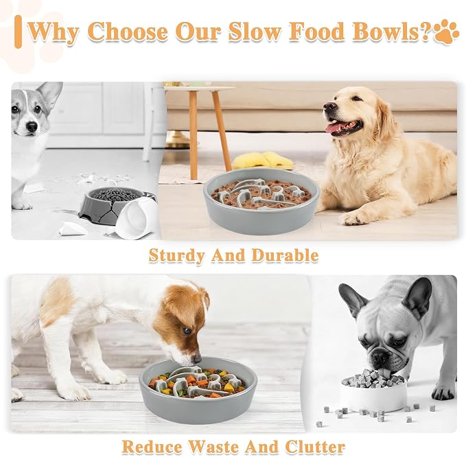 Ceramic Slow Feeder Dog Bowls, 2 Cups Dog Food Dish for Medium and Large Breed, Puzzle Dog Food Bowl for Fast Eater, 28OZ, 8.15 inch(Grey)