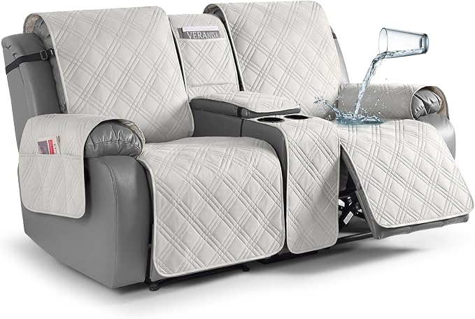TAOCOCO Loveseat Recliner Cover with Console, Non-Slip Split Reclining Pet Cover for Dual Loveseat Recliner, Furniture Protector with Elastic Straps (2 Seater, Off White)