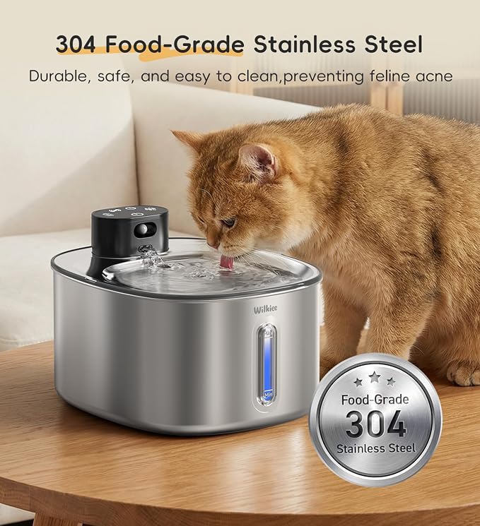 Stainless Steel Cat Water Fountain with 5 Filters Set, 142fl.oz/4.2L Cat Fountain Battery Operated with Motion Sensor, Pet Water Dispenser Cordless for Cats & Dogs Indoor
