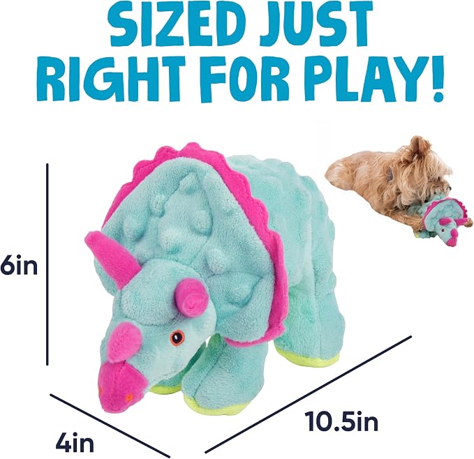 goDog Dinos Frills Squeaky Plush Dog Toy with Chew Guard Technology, Durable Fabric & Squeaker for Active Play, Teal, Small