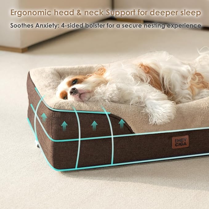 EHEYCIGA Orthopedic XXL Dog Bed for Large Sized Dog, 52x41 Inch Extra Large Memory Foam Dog Couch Bed with Sides, Waterproof Liner & Washable Removable Cover, Bolster Pet Sofa, Brown