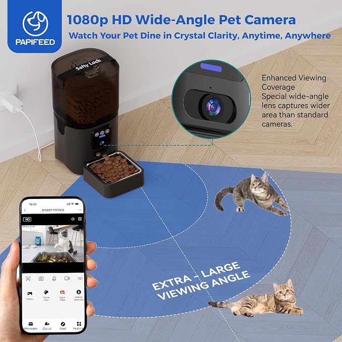 PAPIFEED Automatic Cat Feeder with Camera, 1080P HD & Night Vision, 6L Cat Food Dispenser with App, 5G WiFi Timed Cat Feeder for Dry Food, 2-Way Audio, Smart Pet Feeder for Dog, 1-10 Meals/Day, Black