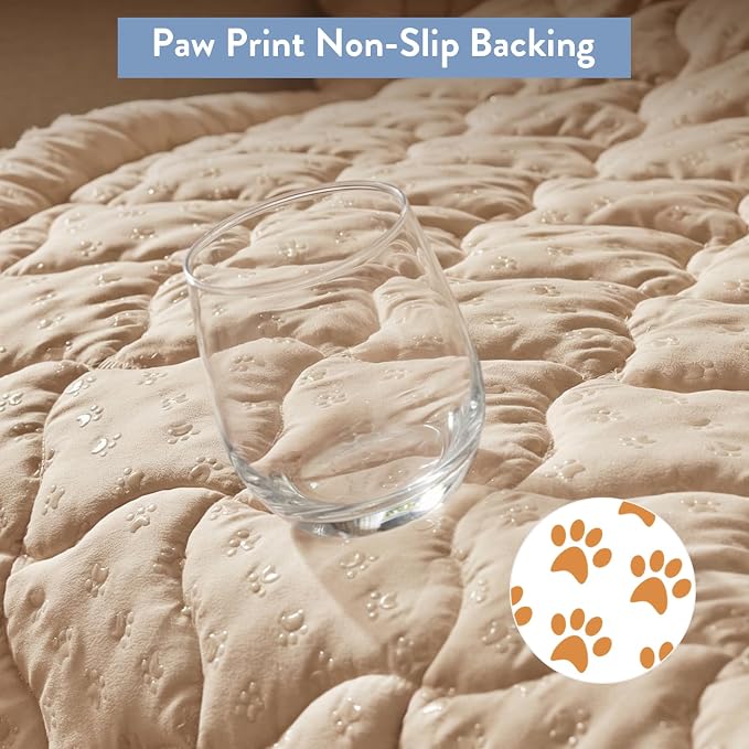 SureFit Couch Covers for Dogs,Washable Couch Protector for 3-Cushion Sofa,Non-Slip Paw Print Grip, Soft Skin-Friendly Furniture Cover for Pets,Thick and Cozy Slipcover for Sofa Cushions(28"x83" Khaki)
