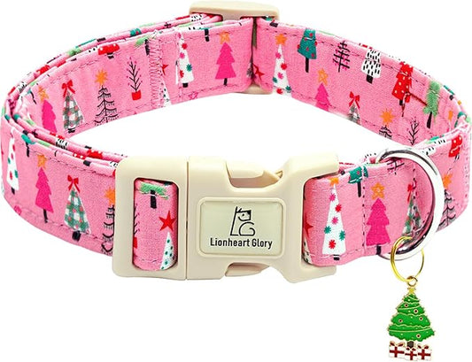 Lionheart Glory Christmas Dog Collar, Pink Christmas Tree Adjustable Soft Comfortable Collar for Medium Dogs for Girls or Boys
