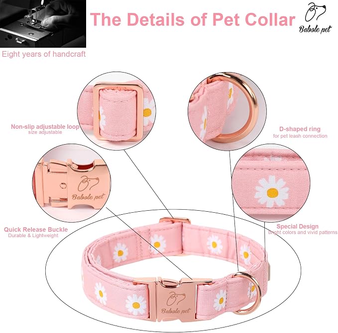 Spring Dog Collar, Cute Pink Daisy Femal Pet Collar with Metal Buckle, Durable Adjustable Designer Dog Collars for Small Medium Large Dogs XL