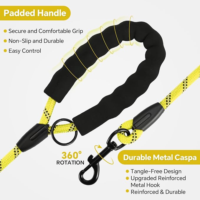 Heavy Duty Dog Leash - 4.9 FT for Large and Small Dogs - Strong Nylon, Comfortable Handle, Reflective Stitching - Ideal for Walking, Training, and Outdoor Activities, Yellow