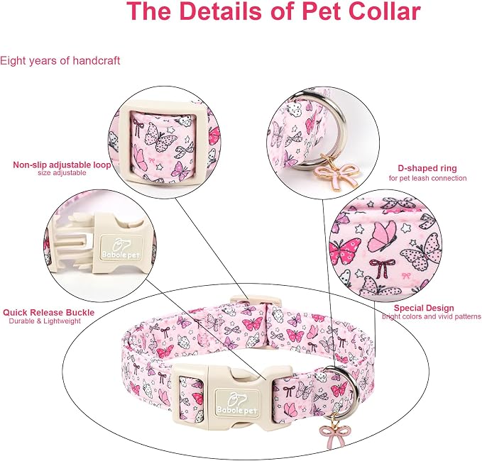 Pink Dog Collar Girl Dog Collars for Large Dogs - Lightweight Adjustable Spring Butterfly Female Dogs Everyday Collar with Quick Release Buckle L