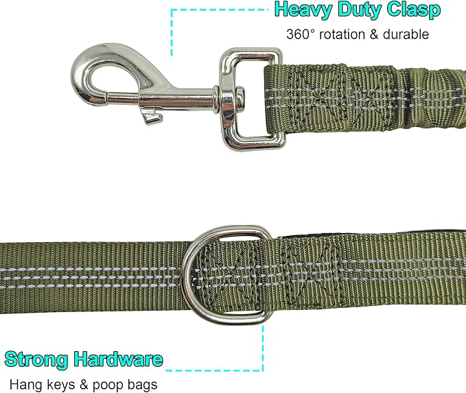 BTINESFUL 8ft Dog Leash with 3 Handles, Triple Handle, Reflective, Shork Absorbing Bungee, Control & Safety Training for Large Medium Dogs (Army Green, 1 in x 8 ft)