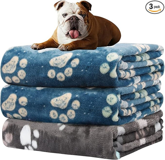 Rezutan Dog Blankets for Medium Pet, 3 Pack Blanket Fuzzy Cat Blankets Washable, Soft Comfort Flannel, Reversible Dog Paw Print, Gifts Puppy Essentials, 30 x 20 inch, 2Blue & 1Gray