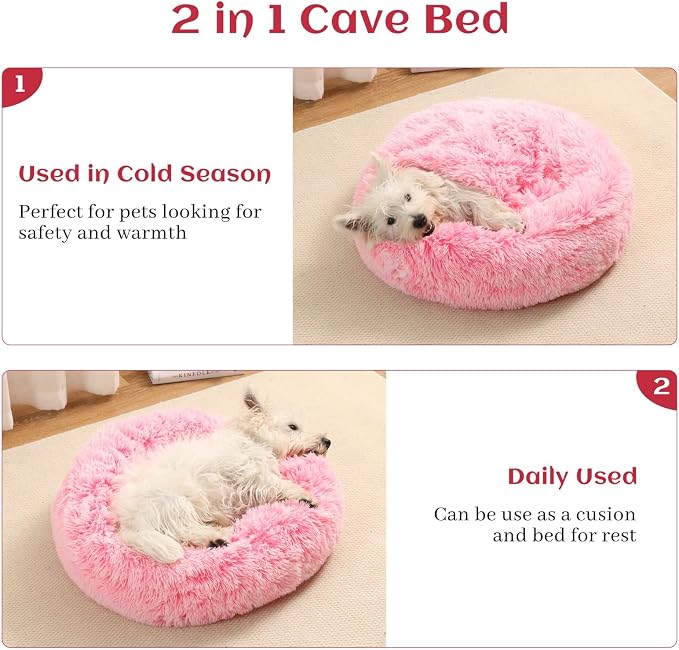 Calming Donut Dog Bed with Hooded Blanket – Plush Fluffy Cave Bed for Small & Medium Dogs, Machine Washable Anti-Anxiety Pet Bed for Cats