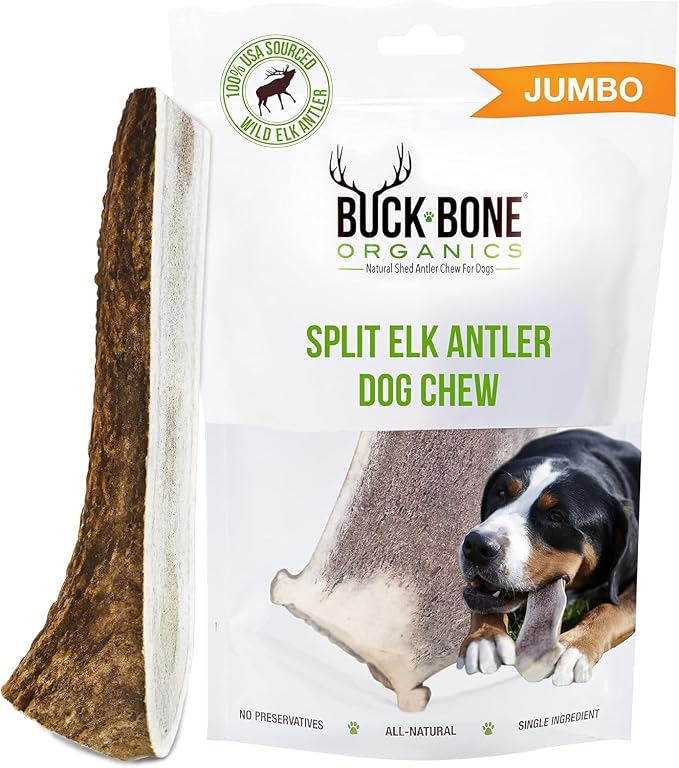 Buck Bone Organics Dog Chews, Elk Antlers for Dogs, Long Lasting Dog Bones for Aggressive Chewers, All Natural, No Preservatives, Wild Shed in the USA (Jumbo)