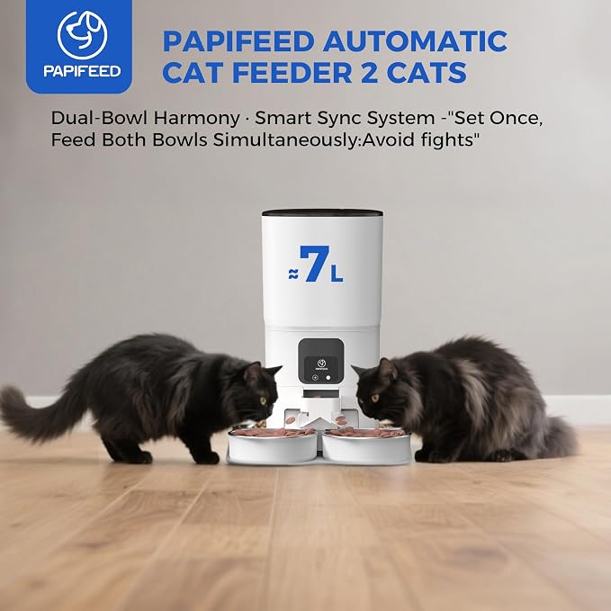PAPIFEED Automatic Cat Feeder 2 Cats, 2.4G WiFi Cat Food Dispenser with App, 7L Timed Cat Feeder for Dry Food, 10 Meals/Day, 12 Portions/Meal, Smart Pet Feeder for Small Dog, White
