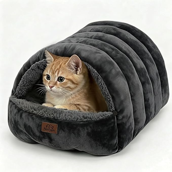 Covered Cat Bed Cave for Indoor Cats, 2-in-1 Enclosed Pet Bed for Kittens with Zippered Washable Cat Mats, Cat House Bed, Dark Grey