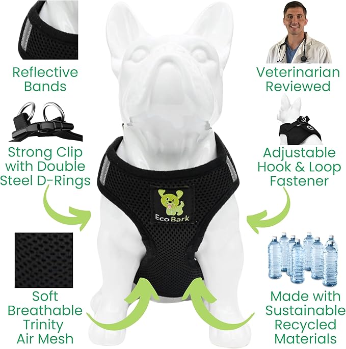 EcoBark Step in Dog Harness - Eco-Friendly Toy Breed Dog Harnesses for XS and Small Dogs - Reflective and Adjustable Mini Body Halter Vest -Tiny Soft Mesh Toy Breed Harness (Black, Small)
