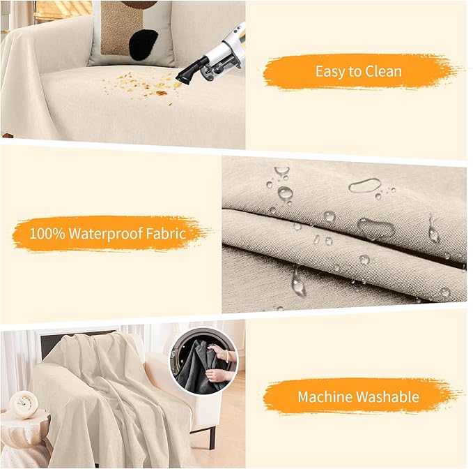 Deep Dream Cat-Scratch Resistant Armchair Couch Cover, Waterproof Sofa Cover for Dogs, Pet Friendly Couch Protectors Anti Slip Thickened Slipcovers for Dogs Pets, 71" x 91", Beige
