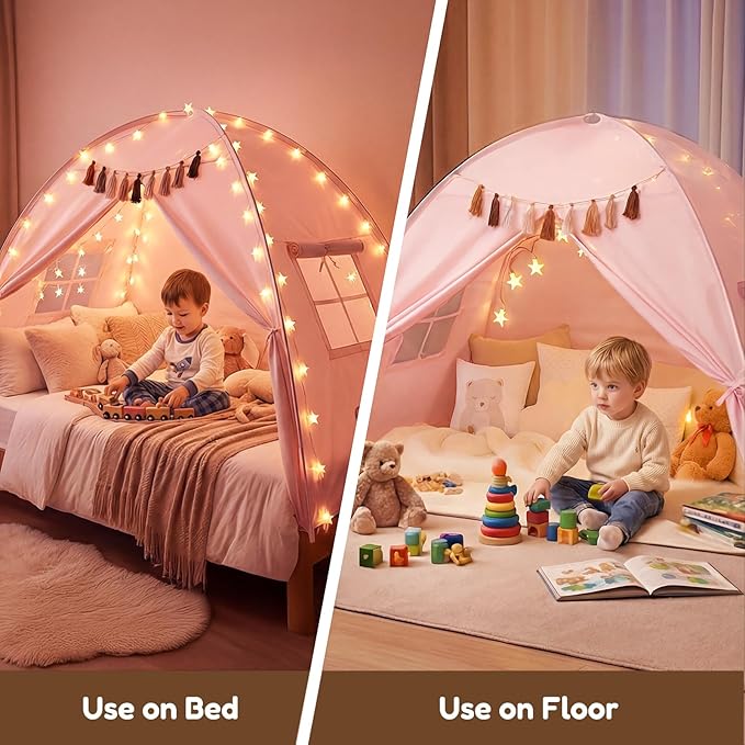 Gorich Twin Bed Tent for Kids, Indoor Privacy Toddler Sleeping Canopy with Mesh Window, Fits Bunk or Floor Bed, Include Star Lights & Tassels, Cozy Playhouse for Boys Girls Birthday