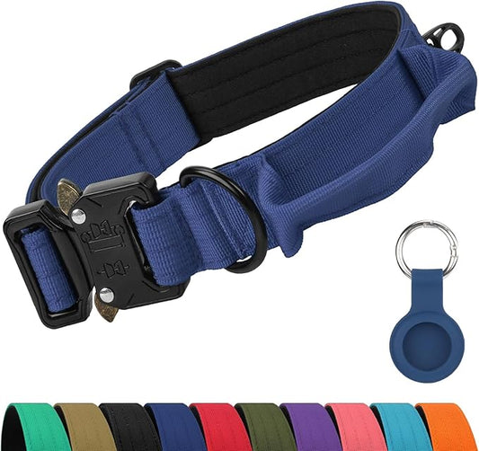 Joytale Tactical Dog Collar for Medium Dogs with Control Handle, Heavy Duty Military Training Collar for Power Breeds, AirTag Holder Case, Quick Release Metal Buckle, Soft Padded, M, Navy Blue