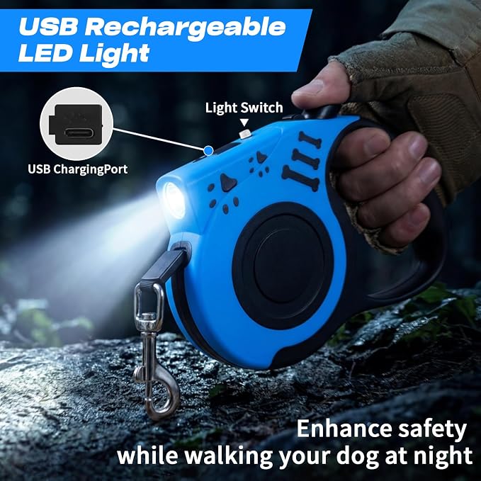 Retractable Dog Leash with USB Rechargeable Flashlight for Night Walks, 16FT Automatic Telescopic Tractor Dog Leash for Small and Medium Dogs, Blue