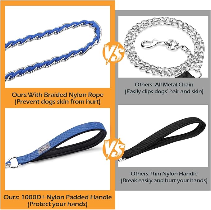 Chain Dog Leash Chew Proof Metal Leash for Medium Large Dogs, Chain Link Dog Anti Chew 5.2FT / 4FT Strong Anti Bite Comfortable Soft Padded Handle (Blue, 5FT(80-150lb))