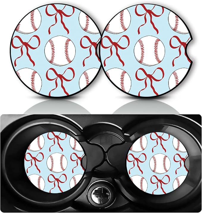 2Pack Baseball Car Cup Holder Coaster,Gifts for Baseball Player Coach Teen Women Men,Vehicle Interior Drink Mat Reusable Neoprene Car Coasters for Cup Holders Decor,Baseballs Auto Accessories