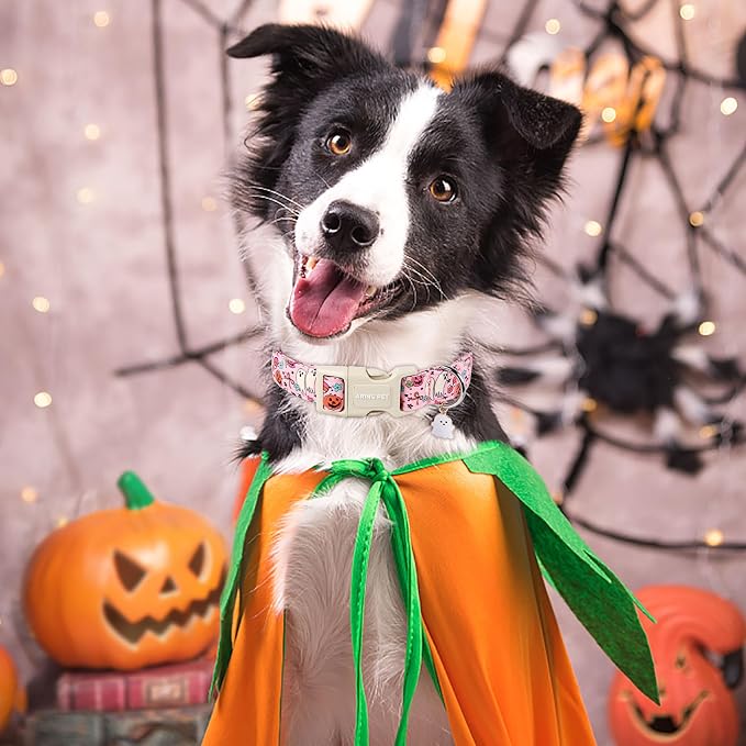 ARING PET Halloween Dog Collars, Cute Pink Pumpkin Ghost Flower Bowtie Pet Collar with Quick Release Buckle for Small Medium Large Girl Boy Dogs-L