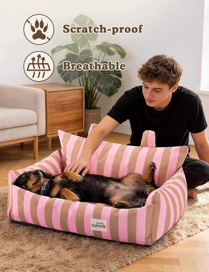 Cat Couch, Reversible Pet Bed for Indoor Cats – 2-Sided Cat Sofa with Oxford Fabric and Plush Fleece, Washable Small Dog Couch for Puppies and Senior Pets, Non-Slip Bottom, 28 inch, Pink Brown