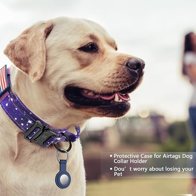 DAGANXI Tactical Dog Collar, Adjustable Military Training Nylon Dog Collar with Control Handle and Heavy Metal Buckle for Medium and Large Dogs, with Patches and Airtags Case (L, Purple Sky-Set)