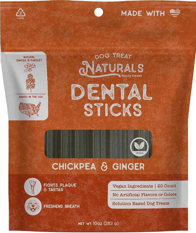 Dog Treat Naturals Chickpea & Ginger Dental Sticks 10oz, 20ct | Dog Dental Chew Treats for Small, Medium, Large Dogs | Freshen Breath, Fight Plaque-Tartar | Natural Teeth Cleaning Treats | USA Made