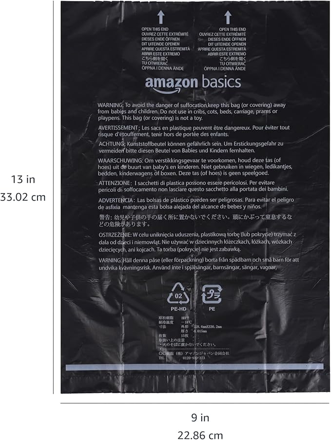 Amazon Basics Dog Poop Leak Proof Bags with Dispenser and Leash Clip, Unscented, 13" x 9", (60 Rolls), 900 Count (Pack of 6)