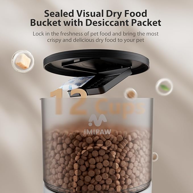 IMIPAW Automatic Cat Feeder, 3L Timed Pet Dry Food Dispenser with Clog-Free Design, Auto Feeder for Cats, 1-6 Meals Per Day, Desiccant Bags, with Stainless Steel