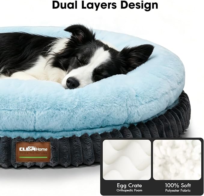 ClevaHome Orthopedic Dog Bed for Large Medium Dogs, 42 inches Round Double-Layer Plush Dog Bed, Removable Washable Cover, Anti-Slip Bottom, Ice Blue