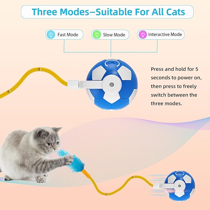 Interactive Cat Toys with Feather Tail, 3 in 1 Automatic Moving Cat Ball, USB Rechargeable Smart Rolling Pet Toy with Obstacle Avoidance for Indoor Cats, Kittens & Small Dogs
