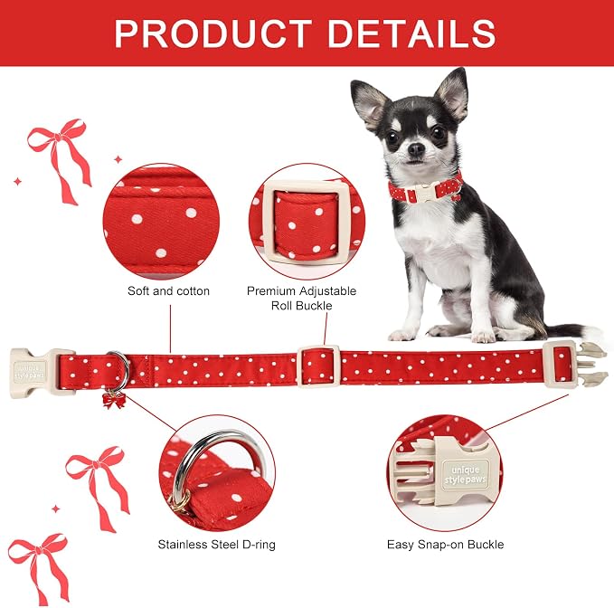 Unique style paws Dog Collar Plastic Buckle with Bow Pendant Puppy Collar for Spring Summer Orange Polka Dot for Small Medium Large Boys Girls Dogs