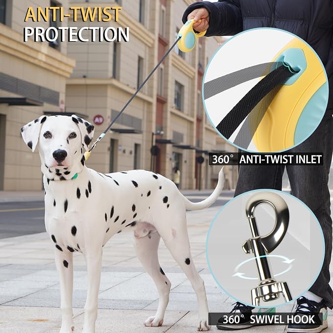 JSXD 360° Tangle-Free Retractable Dog Leash with One-Handed Brake, Pause, Lock, 10 ft Strong Nylon Tape Pet Walking Leash,Suitable for Cats, Small and Medium Dogs up to 66 lbs (Yellow, 10 ft)