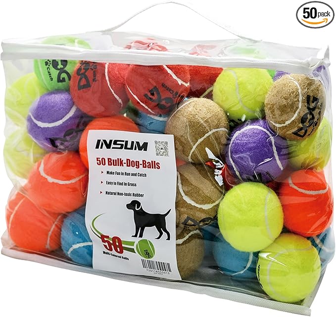 INSUM Tennis Balls for Dogs - Bulk 50 Pack 2.5'' Durable Non-Toxic Outdoor Dog Toys Balls with Mesh Bag, SGS Certified, Colorful Fetch Toys, Medium Large Breeds (Non Squeaky)