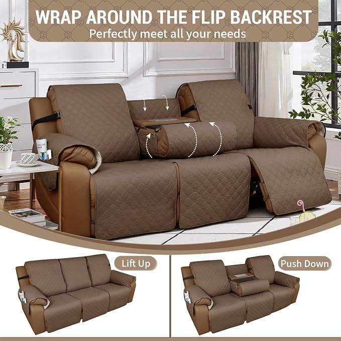 Waterproof Recliner Sofa Covers with Flipped Middle Backrest Washable Recliner Couch Covers Non-Slip with Elastic Straps Furniture Protector for Kid Dogs Pets (Gray Taupe)