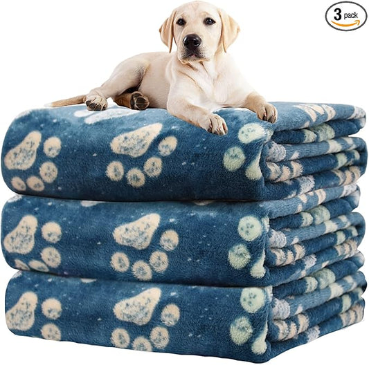 Rezutan 1 Pack 3 Premium Blankets for Large & Medium Dogs - Super Soft Fluffy Pet Blanket Throw for Puppies & Cats, Navy Blue Paw Blanket Suitable for Dog Kennel Crate Bed(41x31 Inch)