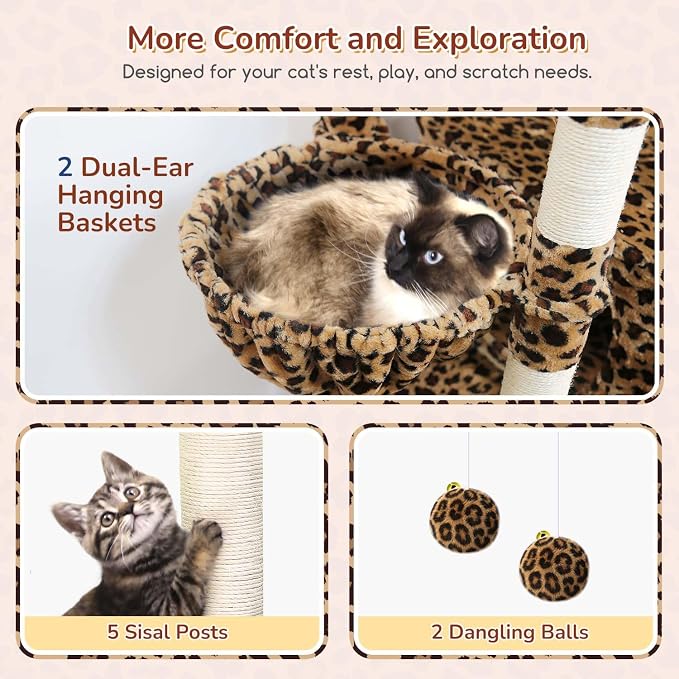 Globlazer Heavy Duty Cat Tree, 74inch Sturdy Cat Tower for Large Cats Adult, Big Cat Tree with 7 Sisal Scratching Posts, 2 Padded Cat Condos, 2 Hanging Baskets, Enlarged Top Perch, S74, Leopard Print