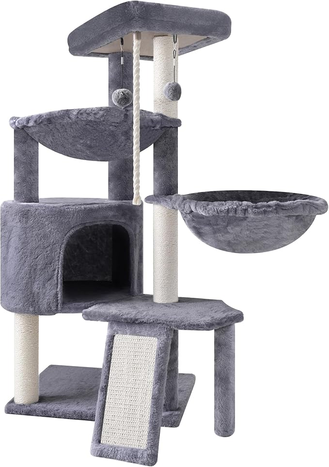 3-Tier Cat Tree with 2 Hammocks & Condo, Grey | Multi-Level Indoor Cat Tower with Natural Sisal Scratching Posts, Rope Ladder, Replaceable Hanging Balls | Sturdy Cat Furniture for Kittens & Adult Cats