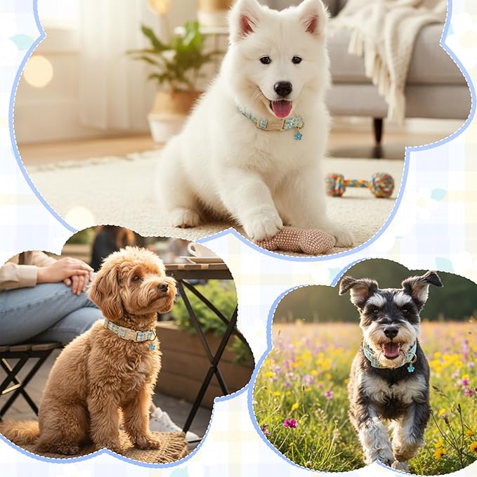 Dog Collar with Blue Checkered & Floral Patterns, Spring Summer Collection Dog Collar with Exquisite Pendant, Durable Adjustable Collars for Gifts & Daily Use-S