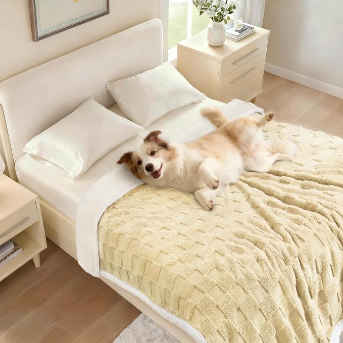 Luciphia Waterproof Dog Blanket, Emotional Support Leakproof Medium Pet Blanket for Couch Sofa Bed Protector, Washable Sherpa Fleece with 3D Jacquard, Cozy Calming Reversible, Yellow, 57"x40"