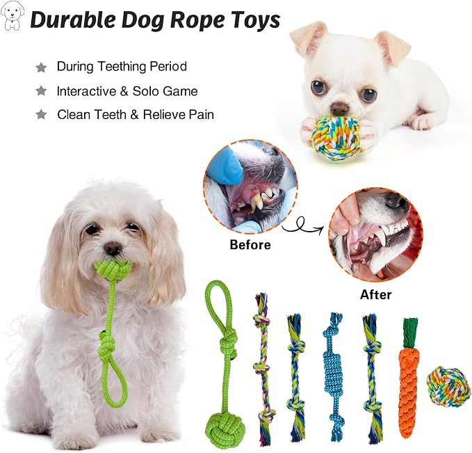 MRSOHRET 20Pcs Puppy Chew Toys for Teething, Dog Chew Toys with Rope Toy, Pet Dog Toothbrush, Treat Balls, Plush Toys and Squeaky Toys for Small Medium Dogs with Basket