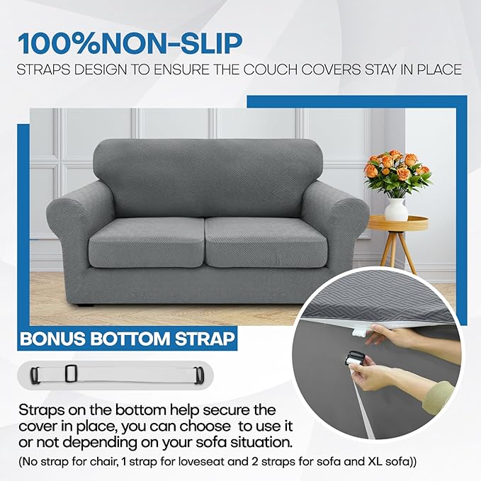 XINEAGE 2026 New 3 Pieces Couch Covers for 2 Extra Large Cushion Sofa Super Stretch Sofa Cover for 2 Large Seat Universal Loveseat Slip Cover for Living Room (Light Gray), 71"-91"(2 Cushions)