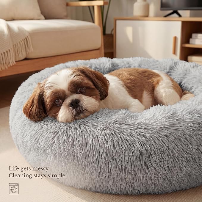 Calming Donut Dogs Beds for Small Dogs Washable,23inch Plush Round Pet Bed for Cozy Sleep,Fluffy Faux Fur Large Cat Bed,Fits up to 25 lbs Pets,Frost Grey