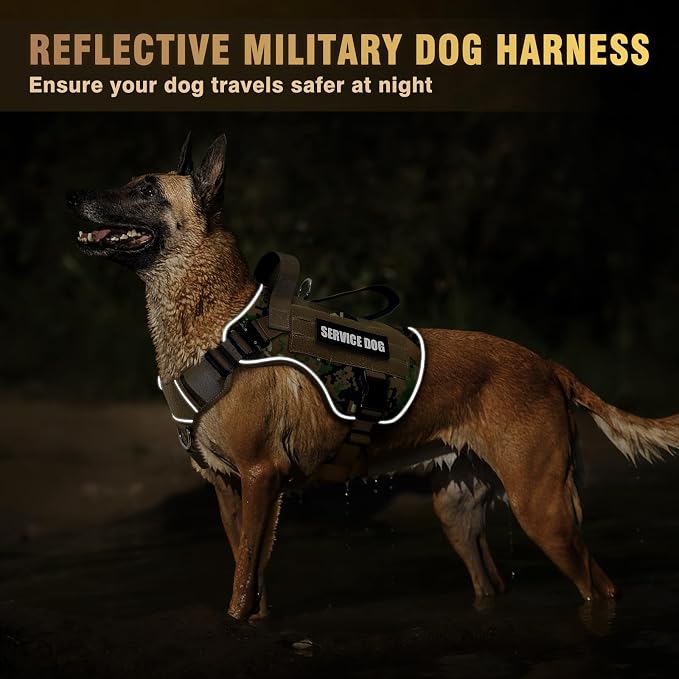 WINSEE Tactical Dog Harness for Large Dog, Heavy Duty Service Dog MOLLE Vest with 10 Pet Patches, No Pull Military Working Vest for Training Hunting Walking