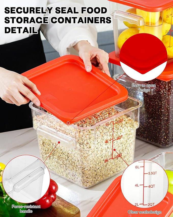 2QT4QT NSF Food Storage Containers: 6PCS [Food Grade][Hot&Cold Resistant] Commercial Clear Food Storage Containers with Lids for Restaurant Kitchen Proof Dough, Measuring Spoons Included(Red N)