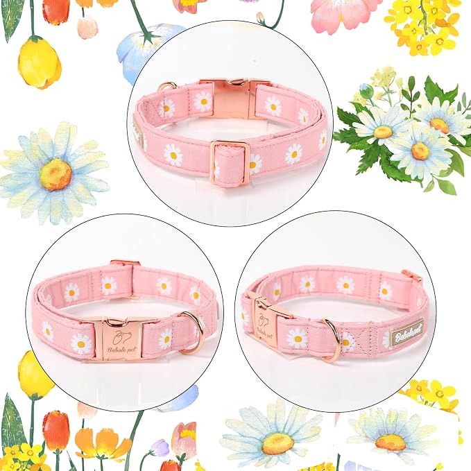 Spring Dog Collar, Cute Pink Daisy Femal Pet Collar with Metal Buckle, Durable Adjustable Designer Dog Collars for Small Medium Large Dogs XL