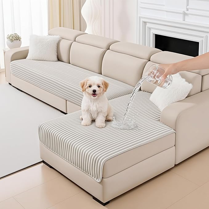 MYSKY HOME 100% Waterproof Couch Cover for Sectional Sofa, Couch Covers for Dogs Washable, Non Slip 2 Pieces Sofa Slipcover, L Shape Sofa Cover Furniture Protector for Pet, Oat, 35"x63"+35"x70.9"