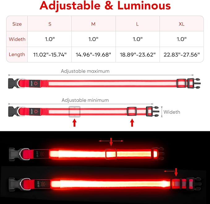 Vizpet LED Dog Collar, Light Up Dog Collar Adjustable USB Rechargeable Super Bright Safety Light Glowing Collars for Dogs(Medium,Red)